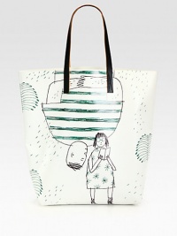 A simply chic, plastic design with a whimsical modern print and luxurious leather handles.Double leather shoulder straps, 8 dropOpen top13W X 15¾H X 6DMade in Italy A simply chic, plastic design with a whimsical modern print and luxurious leather handles.Double leather shoulder straps, 8 dropOpen top13W X 15¾H X 6DMade in Italy