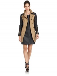 THE LOOKShirt collarAsymmetric zip with button closureRibbed faux leather long sleeves with zip cuffsBelted waistTHE FITAbout 32 from shoulder to hemTHE MATERIALBody: cottonContrast: polyurethane/viscoseCARE & ORIGINDry cleanImportedModel shown is 5'9 (175cm) wearing US size Small. THE LOOKShirt collarAsymmetric zip with button closureRibbed faux leather long sleeves with zip cuffsBelted waistTHE FITAbout 32 from shoulder to hemTHE MATERIALBody: cottonContrast: polyurethane/viscoseCARE & ORIGINDry cleanImportedModel shown is 5'9 (175cm) wearing US size Small.