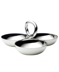 Smooth silver plate renders extra brilliant with the clean, fluid lines of Vertigo giftware. Ideal for olives, candies or nuts, this small 3-section server features a twisted ring for improved functionality and contemporary flair. Smooth silver plate renders extra brilliant with the clean, fluid lines of Vertigo giftware. Ideal for olives, candies or nuts, this small 3-section server features a twisted ring for improved functionality and contemporary flair.