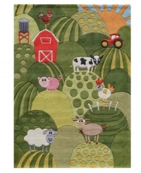 Life on the farm isn't all hard work -- make room for a little fun with this bright, quirky and irresistibly adorable area rug from Momeni! A pastoral scene of grassy hills and barnyard critters is hand-tufted from soft, durable modacrylic, featuring hand-carved details for texture that brings the landscape to life. Life on the farm isn't all hard work -- make room for a little fun with this bright, quirky and irresistibly adorable area rug from Momeni! A pastoral scene of grassy hills and barnyard critters is hand-tufted from soft, durable modacrylic, featuring hand-carved details for texture that brings the landscape to life.