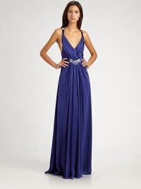 Supple flowing silk, with luxe jeweled details at the waist, shoulders, and back.Plunging V necklineSleevelessGathered waist with jeweled detailCrossed back straps with jeweled buttonsConcealed back zipFully linedAbout 45 from natural waistSilkDry cleanImportedModel shown is 5'9½ (176cm) wearing US size 4.OUR FIT MODEL RECOMMENDS ordering true size. Supple flowing silk, with luxe jeweled details at the waist, shoulders, and back.Plunging V necklineSleevelessGathered waist with jeweled detailCrossed back straps with jeweled buttonsConcealed back zipFully linedAbout 45 from natural waistSilkDry cleanImportedModel shown is 5'9½ (176cm) wearing US size 4.OUR FIT MODEL RECOMMENDS ordering true size.