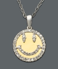 Be happy! The iconic smiley face goes for shimmer - and a little sophistication - with the addition of round-cut diamond (1/4 ct. t.w.). Pendant necklace crafted in 14k gold and sterling silver. Approximate length: 18 inches. Approximate drop: 1/2 inch. Be happy! The iconic smiley face goes for shimmer - and a little sophistication - with the addition of round-cut diamond (1/4 ct. t.w.). Pendant necklace crafted in 14k gold and sterling silver. Approximate length: 18 inches. Approximate drop: 1/2 inch.