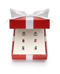 It's her time to shine! Give her three gifts in one with this versatile earring set. Features round-cut rubies (3/4 ct. t.w.), sapphires (3/4 ct. t.w.) and emeralds (1/2 ct. t.w.) with an interchangeable starburst jacket accented by sparkling diamonds. Post setting crafted in sterling silver. Approximate stud diameter: 1/8 inch. Approximate jacket diameter: 1/4 inch. Wrapped & ready to give in a red gift box; while supplies last. It's her time to shine! Give her three gifts in one with this versatile earring set. Features round-cut rubies (3/4 ct. t.w.), sapphires (3/4 ct. t.w.) and emeralds (1/2 ct. t.w.) with an interchangeable starburst jacket accented by sparkling diamonds. Post setting crafted in sterling silver. Approximate stud diameter: 1/8 inch. Approximate jacket diameter: 1/4 inch. Wrapped & ready to give in a red gift box; while supplies last.