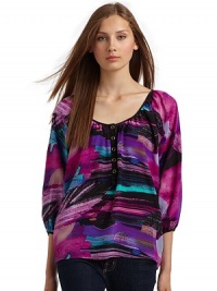 THE LOOKAbstract print, alloverThree-quarter length sleevesBanded cuffs with button closureButton placketTHE FITAbout 24 from shoulder to hemTHE MATERIALSilkCARE & ORIGINDry cleanImportedModel shown is 5'10 (177cm) wearing US size Small. THE LOOKAbstract print, alloverThree-quarter length sleevesBanded cuffs with button closureButton placketTHE FITAbout 24 from shoulder to hemTHE MATERIALSilkCARE & ORIGINDry cleanImportedModel shown is 5'10 (177cm) wearing US size Small.