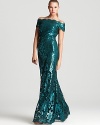 A floral pattern is covered in shimmering sequins on this utterly glamorous Tadashi Shoji gown.