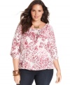 Add cheer to your casual wear with Lucky Brand Jeans' three-quarter-sleeve plus size top, featuring a vibrant print. (Clearance)