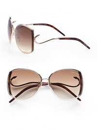 This sleek design boasts a ridged metal frame with hook detailed temples for a truely unique look. Available in shiny rose gold/havana with brown gradient lens. Hook detailed temples100% UV protectionMade in Italy This sleek design boasts a ridged metal frame with hook detailed temples for a truely unique look. Available in shiny rose gold/havana with brown gradient lens. Hook detailed temples100% UV protectionMade in Italy