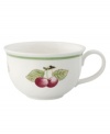 A summer fruit pattern on durable white porcelain make this French Garden coffee cup at home on casual country tables.