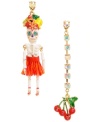 Fruit and bones. Betsey Johnson's antique gold tone mixed metal mismatched earrings feature a white skeleton with multi-colored details, red skirt, and fruit accents on one side, with a a juicy, bunch of red cherries on the other. Approximate drop: 3 inches.