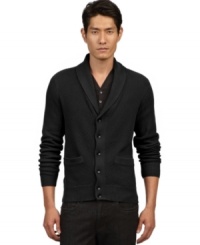 This Kenneth Cole New York sweater has a handsome shawl neck and a versatile cardigan design. This Kenneth Cole New York sweater has a handsome shawl neck and a versatile cardigan design.