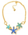 Dive deep for funky style. This Betsey Johnson frontal necklace features turquoise and blue starfish pendants accented with crystals. Crafted in gold tone mixed metal. Approximate length: 16 inches + 3-inch extender. Approximate drop: 1-1/2 inches.