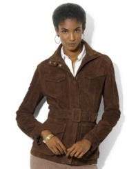 Rendered in supple suede, Lauren Ralph Lauren's essential jacket is steeped in rugged inspiration with a belted waist and utility pockets. (Clearance) Rendered in supple suede, Lauren Ralph Lauren's essential jacket is steeped in rugged inspiration with a belted waist and utility pockets. (Clearance)