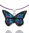 Sterling Silver Dichroic Glass Green and Purple Butterfly Pendant Necklace on Stainless Steel Wire, 18