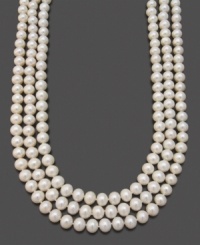 Triple the luxury with three luminous strands of cultured freshwater pearls (9-10 mm) set in 14k gold. Approximate necklace length: 17 inches. Triple the luxury with three luminous strands of cultured freshwater pearls (9-10 mm) set in 14k gold. Approximate necklace length: 17 inches.