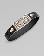 From the Alchemy in the UK Collection. A bold Union Jack of sterling silver, textured, studded and finished with rose goldplatng on a black leather strap.Sterling silverRose goldplatedLeatherLength, about 8½Magnetic claspImported