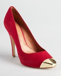 An asymmetrical, imperfect metal cap adorns the toe of Sigerson Morrison's tipped platforms, rendered in lipstick red suede with gilded gold-tone hardware. An asymmetrical, imperfect metal cap adorns the toe of Sigerson Morrison's tipped platforms, rendered in lipstick red suede with gilded gold-tone hardware.