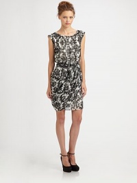 EXCLUSIVELY AT SAKS. A gorgeous two-tone style with an allover scroll pattern and elegantly draped skirt.Boatneck with pleatsCap sleevesBack keyhole with button closureConcealed back zipGathered waistDraped skirtAbout 21½ from natural waistSilkDry cleanImportedModel shown is 5'9½ (176cm) wearing US size 4. EXCLUSIVELY AT SAKS. A gorgeous two-tone style with an allover scroll pattern and elegantly draped skirt.Boatneck with pleatsCap sleevesBack keyhole with button closureConcealed back zipGathered waistDraped skirtAbout 21½ from natural waistSilkDry cleanImportedModel shown is 5'9½ (176cm) wearing US size 4.