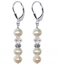 SCER086 Sterling Silver Leverback Dangle Earrings Made with Swarovski Elements 6mm Cultured Freshwater Pearl and Clear Crystal