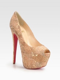 Sky-high peep toe pump in textured cork with unexpected metallic lamé accents. Cork lamé heel, 6¼ (155mm)Hidden platform, 2½ (65mm)Compares to a 3¾ heel (95mm)Cork lamé upperPeep toeLeather liningSignature red leather solePadded insoleMade in Italy Sky-high peep toe pump in textured cork with unexpected metallic lamé accents. Cork lamé heel, 6¼ (155mm)Hidden platform, 2½ (65mm)Compares to a 3¾ heel (95mm)Cork lamé upperPeep toeLeather liningSignature red leather solePadded insoleMade in Italy