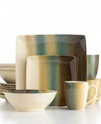 Bands of teal separate warm earth tones on the contemporary-cool Nouveau dinnerware set by Sango. Featuring square plates with round accessories, all in dishwasher-safe stoneware. Bands of teal separate warm earth tones on the contemporary-cool Nouveau dinnerware set by Sango. Featuring square plates with round accessories, all in dishwasher-safe stoneware.