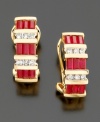 The perfect expression of elegance. Three exquisite rows of baguette-cut rubies (1-3/4 ct. t.w.) and round-cut diamonds (1/8 ct. t.w.) set in 14k gold. Length measures 1/2 inch.