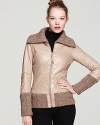 Mackage's update of the classic bomber jacket is sleekly edgy with a touchy-feely side: a slim silhouette, stitching details and darts, cable knit trim at the spread collar and extra-long cuffs. Mackage's update of the classic bomber jacket is sleekly edgy with a touchy-feely side: a slim silhouette, stitching details and darts, cable knit trim at the spread collar and extra-long cuffs.