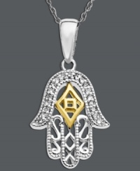 Intricate style and a touch of good luck. This symbolic hamsa pendant features a filigree and cut-out design accented by sparkling diamonds. Crafted in sterling silver with 14k gold accents. Approximate length: 18 inches. Approximate drop: 7/8 inch. Intricate style and a touch of good luck. This symbolic hamsa pendant features a filigree and cut-out design accented by sparkling diamonds. Crafted in sterling silver with 14k gold accents. Approximate length: 18 inches. Approximate drop: 7/8 inch.