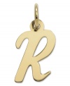 The perfect gift for Rosa. This polished R initial charm features a pretty, small script design in 14k gold. Chain not included. Approximate length: 7/10 inch. Approximate width: 3/10 inch.