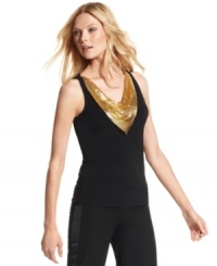 Make your next night-out ensemble electrifying with this top from MICHAEL Michael Kors, featuring an inset layer of luxe gold mesh. Make your next night-out ensemble electrifying with this top from MICHAEL Michael Kors, featuring an inset layer of luxe gold mesh.