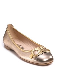 A gleaming bit covers the toe of these contrast ballet flats. Slip them on to add a little Italian glamour to your day. A gleaming bit covers the toe of these contrast ballet flats. Slip them on to add a little Italian glamour to your day.