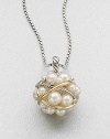 From the Pearl Collection. This elegant style features a bubble of luminous pearls accented with dazzling diamonds and wrapped in sterling silver and 18k gold on a sterling silver box chain. 3.5mm-7mm white round freshwater pearlsDiamonds, .12 tcw18k goldSterling silverLength, about 32Pendant size, about 1.25Lobster clasp closureImported 