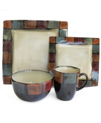 Play with color. The Hopscotch dinnerware set from Jay Imports features service for four edged in a bold colorblock design. Crafted of rustic earthenware, it sets a distinct table every day of the week. Play with color. The Hopscotch dinnerware set from Jay Imports features service for four edged in a bold colorblock design. Crafted of rustic earthenware, it sets a distinct table every day of the week.