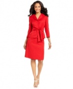 This red skirt suit from Tahari by ASL is cut to be classic and rendered in a luxe textured fabric. A self-tie belt on the jacket ensures a flattering silhouette.