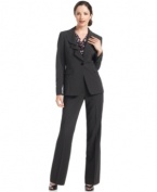 Nine West adds a feminine ruffled collar to this sophisticated pant suit. Heighten the effect with a colorful shell or shirt.