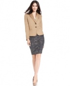 Tahari by ASL puts a chic new spin on a classic skirt suit. The print of the textured pencil skirt picks up the camel color of the refined two-button blazer.