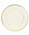 Forever elegant, the Eternal salad plate from Lenox accents the table in timeless ivory china with sumptuous gold banding. Coordinates with Eternal Gold stemware.