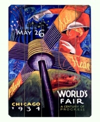 Travel back in time to 1934 and experience all the thrill and excitement of the Chicago World's Fair. The jubilant color and bold styling of this vintage-styled sign recall themes of science and technology that marked a century of progress in the Windy City. Travel back in time to 1934 and experience all the thrill and excitement of the Chicago World's Fair. The jubilant color and bold styling of this vintage-styled sign recall themes of science and technology that marked a century of progress in the Windy City.