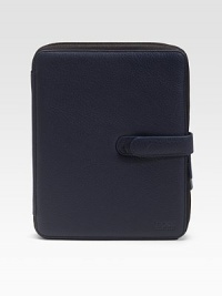 A sleek and compact casing designed in pebbled leather with plush velvet lining to prevent scratching and securely hold your iPad in place. Fits all iPad models Form-fitted construction Zip/button closure Leather/velvet 8W X 10H X ¾D Imported 