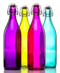 Refill and redecorate. Italian bottles boasting vibrant tinted glass and an easy-to-secure swing top are a brilliant solution for topping off drinks without leaving the table. Display in a kitchen window or shelf for a pop of color. Refill and redecorate. Italian bottles boasting vibrant tinted glass and an easy-to-secure swing top are a brilliant solution for topping off drinks without leaving the table. Display in a kitchen window or shelf for a pop of color.