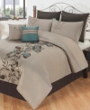 Elegant simplicity. This Ophillia comforter set renders a serene appeal in the bedroom with rich solids and a stenciled floral pattern with pops of turquoise for a dash of artistic style. Comes complete with bedskirt, shams and two decorative pillows for the full look.