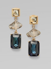 This sparkling, 24k goldplated brass and pewter design features three pretty stones in an elegant drop style. 24k goldplated brass and pewterGlass stonesDrop, about 2½Clip-on backMade in USA This sparkling, 24k goldplated brass and pewter design features three pretty stones in an elegant drop style. 24k goldplated brass and pewterGlass stonesDrop, about 2½Clip-on backMade in USA