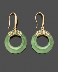 Precision style with a pop of color. Earrings feature chic, cut-out circles crafted from solid jade. Intricate Greek key-style setting made of 14k gold. Approximate drop: 1-4/10 inches. Precision style with a pop of color. Earrings feature chic, cut-out circles crafted from solid jade. Intricate Greek key-style setting made of 14k gold. Approximate drop: 1-4/10 inches.