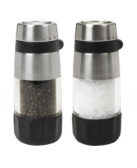 Spice up the daily grind! Ceramic salt and pepper grinders bring fresh flavor to the table, drawing out the rich notes of your masterful meals with settings for fine to coarse. The stainless steel accents make for perfect presentation and the clear acrylic bodies highlight when its time for a quick refill. Lifetime warranty. Spice up the daily grind! Ceramic salt and pepper grinders bring fresh flavor to the table, drawing out the rich notes of your masterful meals with settings for fine to coarse. The stainless steel accents make for perfect presentation and the clear acrylic bodies highlight when its time for a quick refill. Lifetime warranty.