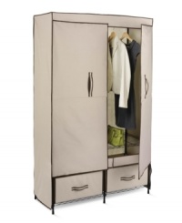 Expand your space! A bigger closet is instantly yours with a 43-wide full-feature wardrobe that holds all of your extras and out-of-season clothing to de-cram, de-clutter and redefine your closet. A breathable, lightweight fabric protects clothing from dust and debris, while the double doors give easy access to the internal shelf and integrated storage drawers, which are ideal for folded garments and other accessories! Limited lifetime warranty. Expand your space! A bigger closet is instantly yours with a 43-wide full-feature wardrobe that holds all of your extras and out-of-season clothing to de-cram, de-clutter and redefine your closet. A breathable, lightweight fabric protects clothing from dust and debris, while the double doors give easy access to the internal shelf and integrated storage drawers, which are ideal for folded garments and other accessories! Limited lifetime warranty.