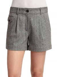 THE LOOKMid-width waistband with belt loops and button closure Front zipper Pleated front Side slash pockets Button flap coin pocket Dual back welt pocketsTHE FITRise, about 10 Inseam, about 4THE MATERIAL72% wool/27% nylon/1% Lycra spandex Fully linedCARE & ORIGINDry clean Imported THE LOOKMid-width waistband with belt loops and button closure Front zipper Pleated front Side slash pockets Button flap coin pocket Dual back welt pocketsTHE FITRise, about 10 Inseam, about 4THE MATERIAL72% wool/27% nylon/1% Lycra spandex Fully linedCARE & ORIGINDry clean Imported