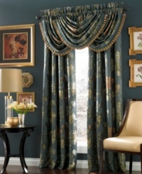 This J Queen Savannah window valance is reminiscent of a garden at sunset. An array of floral arrangements bloom over a dark backdrop to evoke comfort & tranquility. This J Queen Savannah window valance is reminiscent of a garden at sunset. An array of floral arrangements bloom over a dark backdrop to evoke comfort & tranquility.