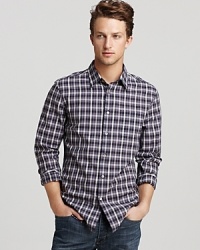 Keep it real with this handsome button-down from John Varvatos Star USA, cut for a slim fit with a dapper check pattern that's pleasing to the eye.
