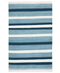 An ultra-modern design inspired by artisan flat weave carpets of Turkey and India, the Narragansett Stripe area rug from Lauren Ralph Lauren is woven by hand in India of luxurious banana silk with a hint of cotton. An ultra-modern design inspired by artisan flat weave carpets of Turkey and India, the Narragansett Stripe area rug from Lauren Ralph Lauren is woven by hand in India of luxurious banana silk with a hint of cotton.