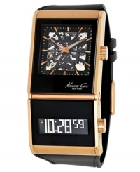 Classically futuristic timepiece from the always on-trend Kenneth Cole New York. Crafted of black polyurethane strap and rectangular rose-gold ion-plated stainless steel case. Dual black dial features analog display at top with black skeleton dial, rose-gold tone stick indices, minute track, luminous hands and logo. Bottom dial features a negative digital display. Automatic and digital movement. Water resistant to 30 meters. Limited lifetime warranty. Classically futuristic timepiece from the always on-trend Kenneth Cole New York. Crafted of black polyurethane strap and rectangular rose-gold ion-plated stainless steel case. Dual black dial features analog display at top with black skeleton dial, rose-gold tone stick indices, minute track, luminous hands and logo. Bottom dial features a negative digital display. Automatic and digital movement. Water resistant to 30 meters. Limited lifetime warranty.