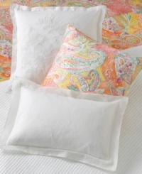 With tropical hues and paisley swirls, the Jamaica collection brings a sunny Caribbean cheer to the bedroom. Decorative pillow has sleek silk body with white cotton voile cover. Bead-tipped self ties. Back closure. (Clearance) With tropical hues and paisley swirls, the Jamaica collection brings a sunny Caribbean cheer to the bedroom. Decorative pillow has sleek silk body with white cotton voile cover. Bead-tipped self ties. Back closure. (Clearance)